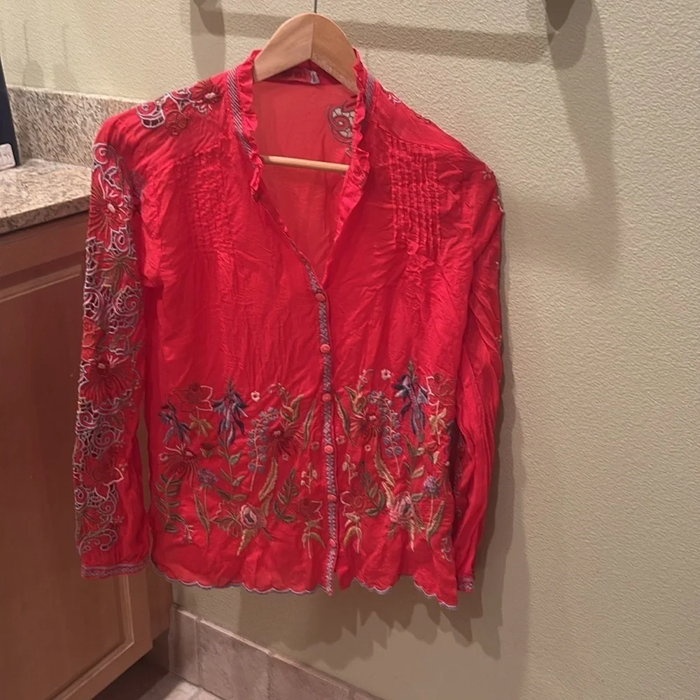 Johnny Was Red Floral Embroidered Blouse - Picture 3 of 9